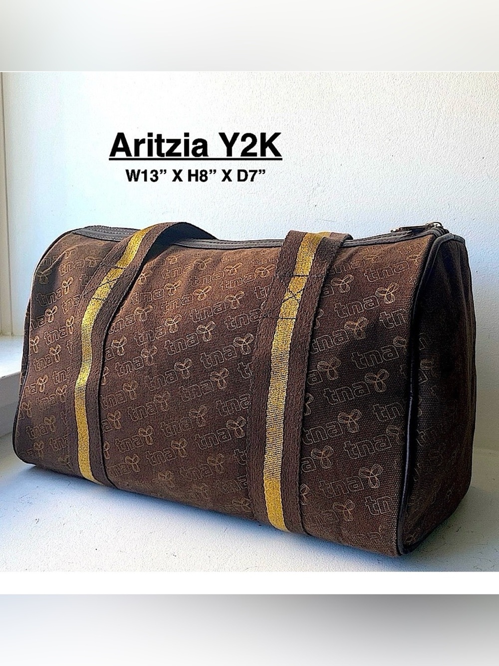 TNA Brown Barrel Tote with Striped Mustard Handles